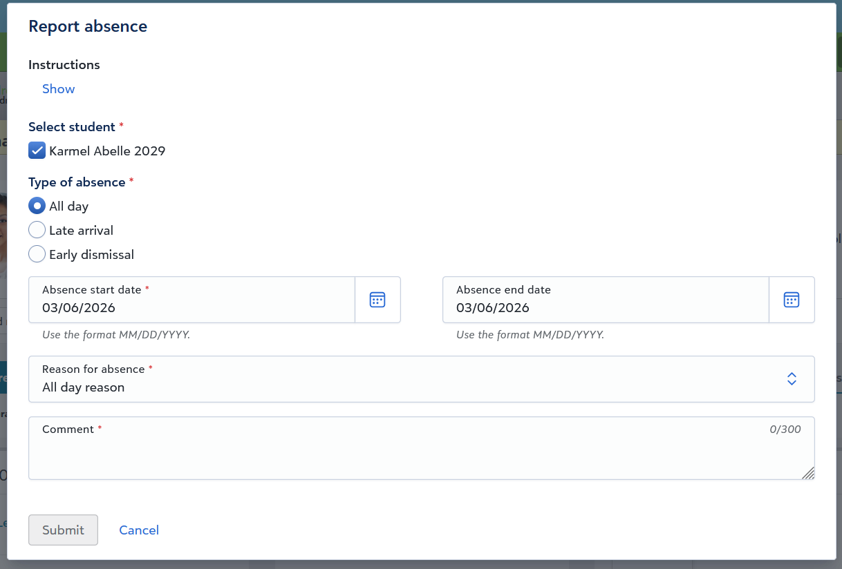 Parent modal screen for reporting their child's absence